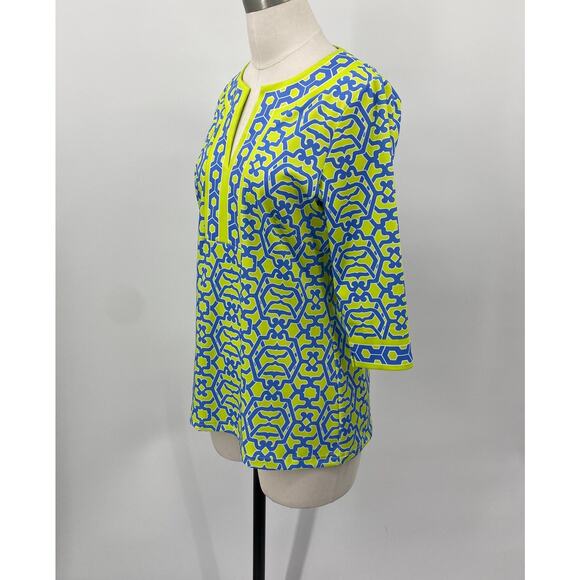 Gretchen Scott Designs Split Neck Top Geometric Printed Green Blue Womens Small - Picture 5 of 9